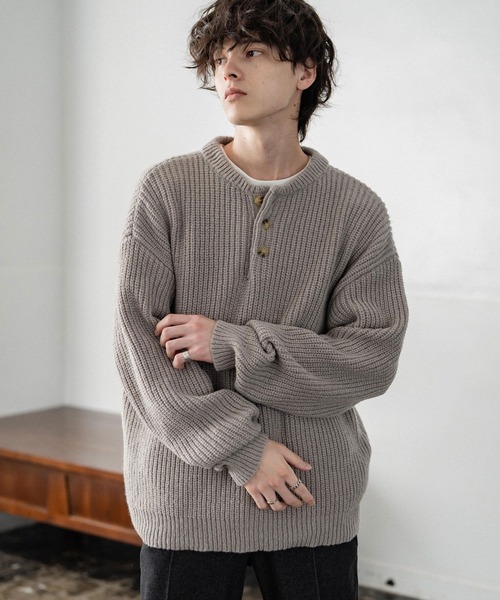新色追加 オーバーサイズ畦編みヘンリーネックニットセーター（ニット