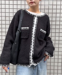 DRAW（ドロー）の「DRAW(ドロー) / ツイード風ニットカーディガン（バイカラーステッチ）（カーディガン/ボレロ）」