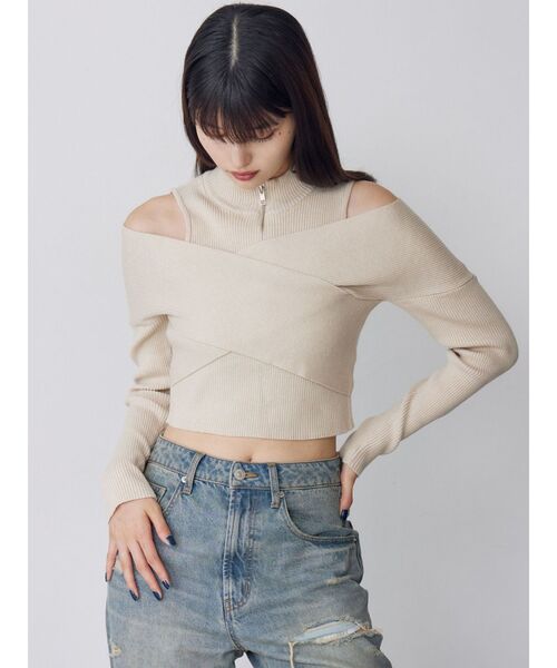 MURUA(ムルーア)の「カシュクールハーフジップトップス(ニット/セーター・レディース・グレー/ボルドー/アイボリー/ブラック/ベージュ/ピンク/ブルー・FREE)」の14枚目の写真