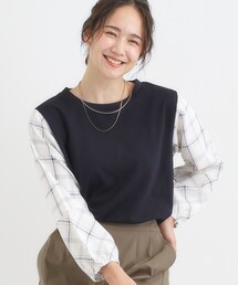 【高レビュー/S-LL】1枚で決まる お袖チェック 異素材使いトップス