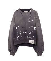 【MIHARAYASUHIRO/ミハラヤスヒロ】EMBELLISHED SUN FADED PULLOVER/ラインストーンダメージスウェット/ショートスウェット