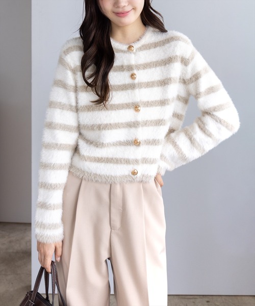 セール】ボーダーフェザーニットカーディガン[オフィスカジュアル 着