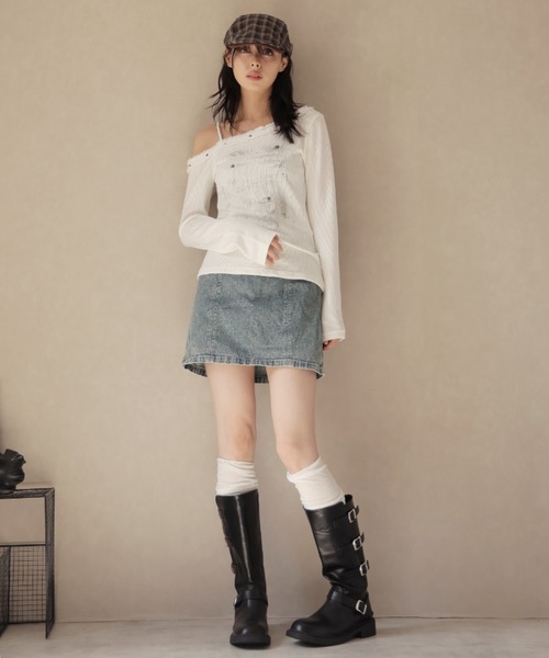 Ulysses(ユリシス)の「アシンメトリーオフショルダーフリンジリベットデザインカットソー(Tシャツ/カットソー・レディース・ホワイト/グレー/ブラック・F)」の12枚目の写真
