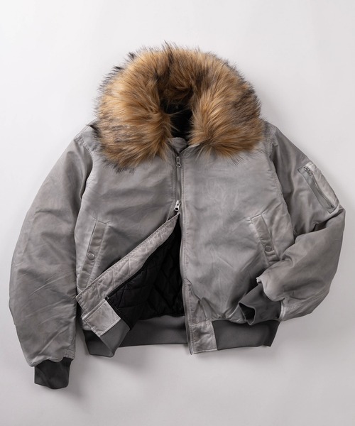 SlashDate(スラッシュデイト)の「【82】ヴィンテージライク 襟ファー フライトブルゾン/ボンバージャケット/ダブルジップ/ミリタリー/アメカジ(ミリタリージャケット・メンズ・グレー/カーキ/ブラック・M/L)」の3枚目の写真