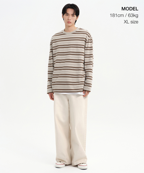 MUSINSA STANDARD（ムシンサスタンダード）の「マルチストライプリラックスド長袖Tシャツ3 [クリーム]（Tシャツ/カットソー・メンズ・その他・SMALL/MEDIUM/LARGE/X-LARGE/XX-LARGE）」の2枚目の写真