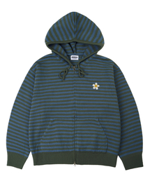 GRAVER（グレーバー）の「[UNISEX] Flower Dot Embroidery Knit Stripe Hooded Zip-Up_Khaki Blue（パーカー）」