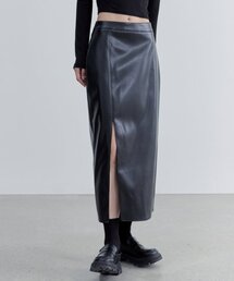 ウィメンズ シンセティックレザー スリット ロングスカート [ブラック]