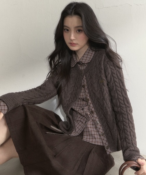 SunsetPark(サンセットパーク)の「チェック柄シャツ レイヤードニットカーディガン SP25a026【SunsetPark】【2025AW】(ニット/セーター・レディース・ブラウン/ピンク/グレー・M/S)」の4枚目の写真