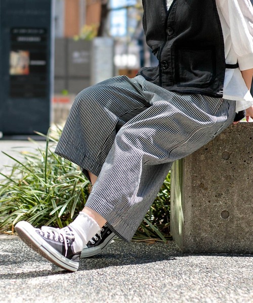 MIJKO ミジコ ワイドデニムパンツ L グリーン ダメージ加工 ギミック D.M.G / ディーエムジー] ヒッコリー クロップドワイドパンツ（デニム