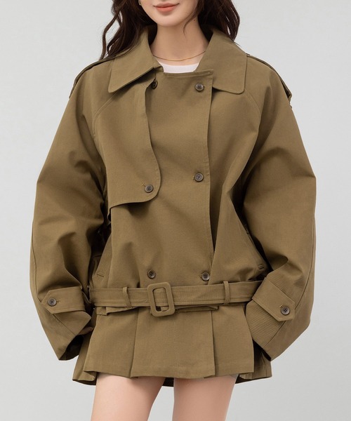 DAY CLOSET（デイ クローゼット）の「【韓国っぽセットアップ/バックゴム】長袖トレンチ風オーバーサイズジャケット+ミニプリーツスカート 上下2点セット レディース（セットアップ・レディース・キャメル/チャコールグレー・M/S）」の15枚目の写真