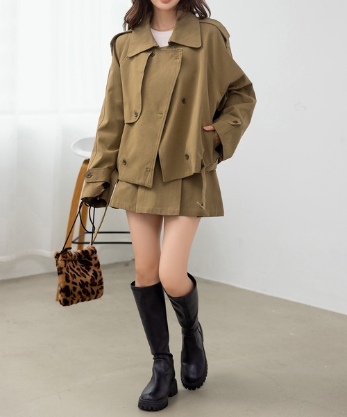 DAY CLOSET（デイ クローゼット）の「【韓国っぽセットアップ/バックゴム】長袖トレンチ風オーバーサイズジャケット+ミニプリーツスカート 上下2点セット レディース（セットアップ・レディース・キャメル/チャコールグレー・M/S）」の17枚目の写真