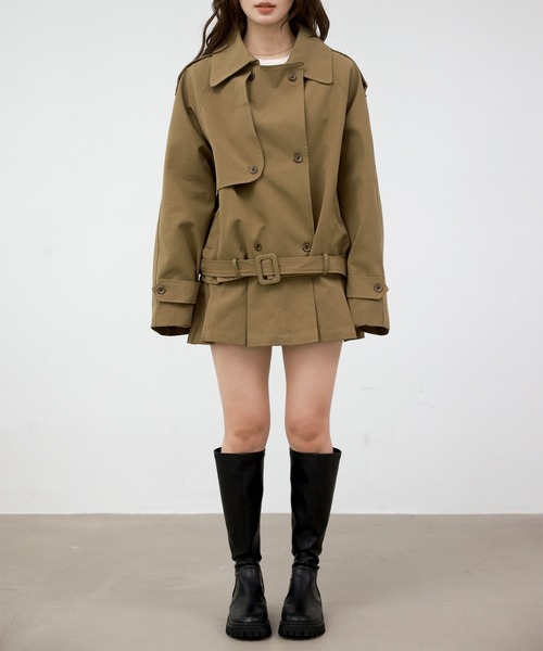 DAY CLOSET（デイ クローゼット）の「【韓国っぽセットアップ/バックゴム】長袖トレンチ風オーバーサイズジャケット+ミニプリーツスカート 上下2点セット レディース（セットアップ・レディース・キャメル/チャコールグレー・M/S）」の11枚目の写真