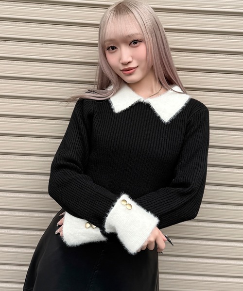 DAESE TOKYO(デセトウキョウ)の「『DAESE TOKYO/デセトウキョウ』ウールライクフェザー配色ポロニット(ニット/セーター・レディース・ブラック/チャコールグレー・FREE)」の2枚目の写真