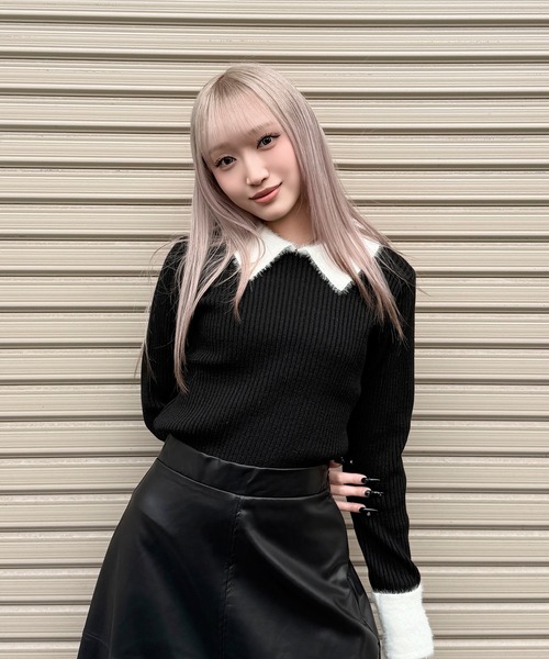 DAESE TOKYO(デセトウキョウ)の「『DAESE TOKYO/デセトウキョウ』ウールライクフェザー配色ポロニット(ニット/セーター・レディース・ブラック/チャコールグレー・FREE)」の22枚目の写真