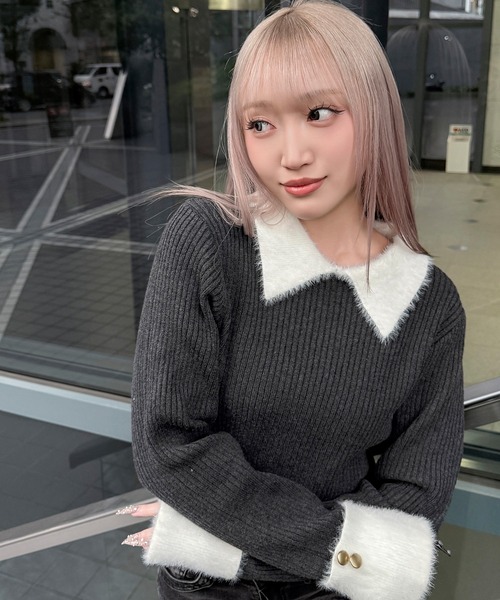 DAESE TOKYO(デセトウキョウ)の「『DAESE TOKYO/デセトウキョウ』ウールライクフェザー配色ポロニット(ニット/セーター・レディース・ブラック/チャコールグレー・FREE)」の6枚目の写真