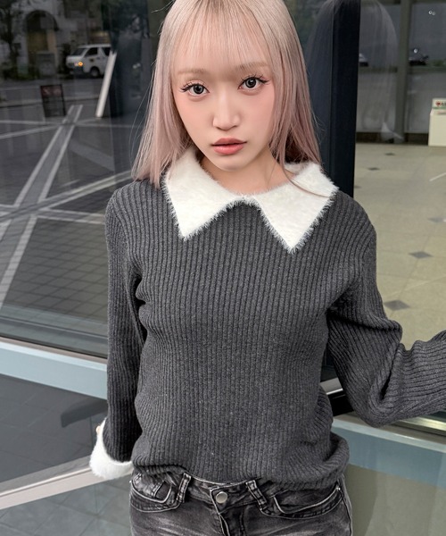 DAESE TOKYO(デセトウキョウ)の「『DAESE TOKYO/デセトウキョウ』ウールライクフェザー配色ポロニット(ニット/セーター・レディース・ブラック/チャコールグレー・FREE)」の7枚目の写真