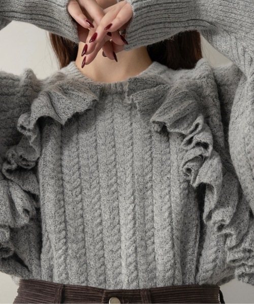 lawgy(ラウジー)の「cable frill raglan sleeve knit / ケーブルフリルラグランスリーブニット(ニット/セーター・レディース・グレー/ベージュ・FREE)」の10枚目の写真