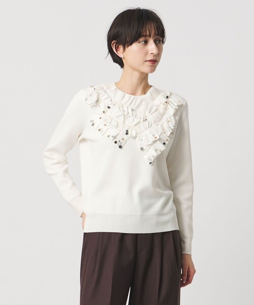 UNITED ARROWS(ユナイテッドアローズ)の「フリル ビジュー ニット(ニット/セーター・レディース・ブラック/オフホワイト・FREE)」の1枚目の写真
