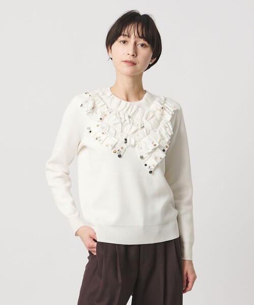 UNITED ARROWS(ユナイテッドアローズ)の「フリル ビジュー ニット(ニット/セーター・レディース・ブラック/オフホワイト・FREE)」の6枚目の写真