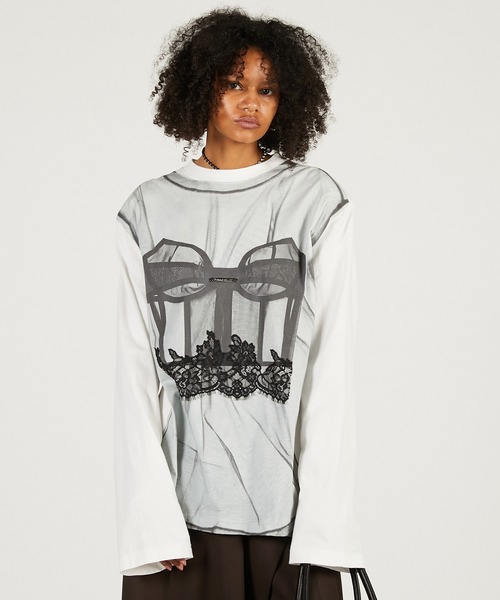 PRANK PROJECT（プランクプロジェクト）の「チュールビスチェプリントロンTEE / Tulle Bustier Print Long Tee（Tシャツ/カットソー・レディース・ホワイト・FREE）」の4枚目の写真