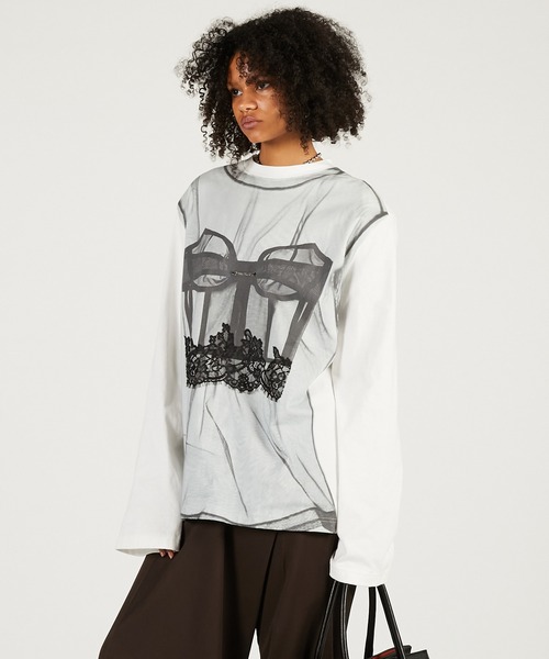 PRANK PROJECT（プランクプロジェクト）の「チュールビスチェプリントロンTEE / Tulle Bustier Print Long Tee（Tシャツ/カットソー・レディース・ホワイト・FREE）」の5枚目の写真