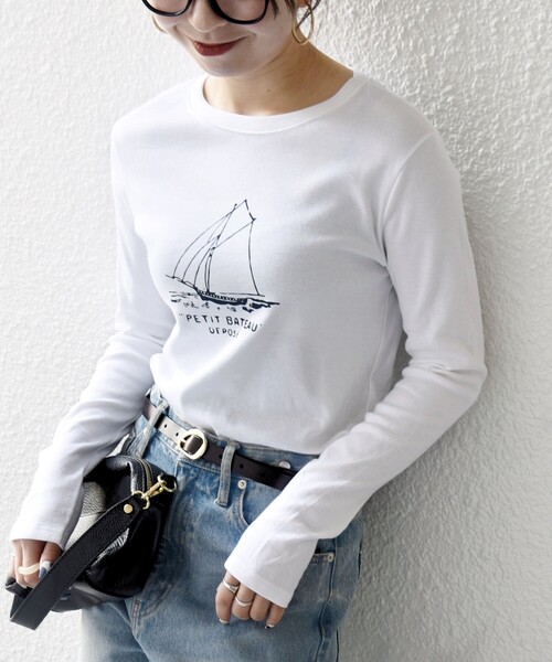 PETIT BATEAU（プチバトー）の「【SHIPS any別注】PETIT BATEAU: プリント ロン TEE（Tシャツ/カットソー・レディース・ホワイト/ネイビー・ONE SIZE）」の2枚目の写真
