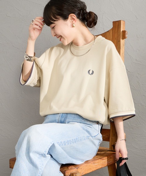 FRED PERRY（フレッドペリー）の「[FRED PERRY/フレッドペリー] 別注 ツインティップライン ワイドシルエット 鹿の子Tシャツ（Tシャツ/カットソー・レディース・ネイビー/オートミール/ブラック/ホワイト・L/M/S）」の3枚目の写真