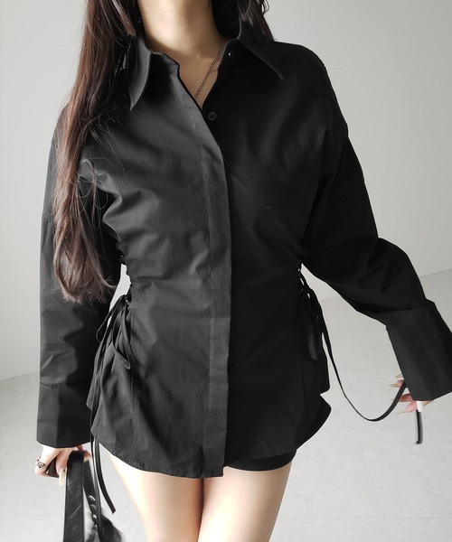 me+em select（ミームセレクト）の「【 ３color 】レースアップサイドリボンスリムラインシャツ ／ lace up side ribbon slim line shirt（シャツ/ブラウス・レディース・ライトブルー/ブラック/ホワイト・FREE）」の3枚目の写真