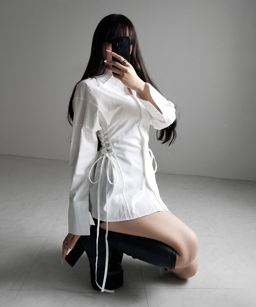 me+em select（ミームセレクト）の「【 ３color 】レースアップサイドリボンスリムラインシャツ ／ lace up side ribbon slim line shirt（シャツ/ブラウス・レディース・ライトブルー/ブラック/ホワイト・FREE）」の19枚目の写真