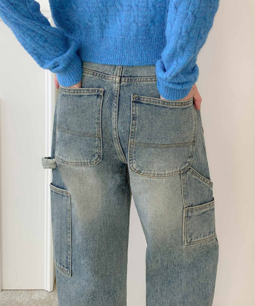 ACSHI(アクシ)の「ヴィンテージウォッシングカーペンターバルーンフィットデニムパンツユニセックス(ブルー)(デニムパンツ・メンズ・その他・S/M/L/XL/XS/XXL)」の5枚目の写真