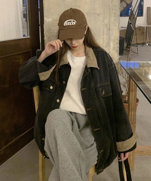 LAC-VERT（ラック・ヴェール）の「コーデュロイ襟デニムジャケット（デニムジャケット・レディース・ブラック・MEDIUM/LARGE）」の2枚目の写真