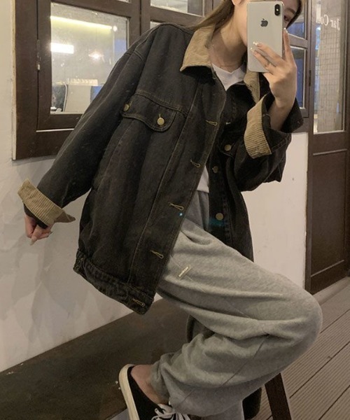 LAC-VERT（ラック・ヴェール）の「コーデュロイ襟デニムジャケット（デニムジャケット・レディース・ブラック・MEDIUM/LARGE）」の4枚目の写真