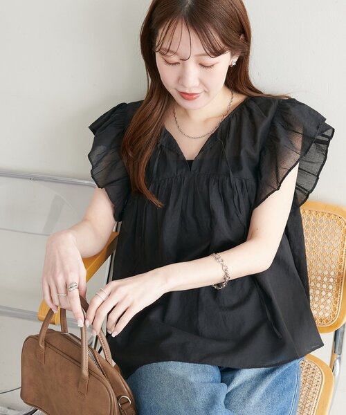 DISCOAT(ディスコート)の「前後2WAYコットンシアーフリルフレンチ(シャツ/ブラウス・レディース・オレンジ/ダークブラウン/オフホワイト/ブラック・FREE)」の16枚目の写真