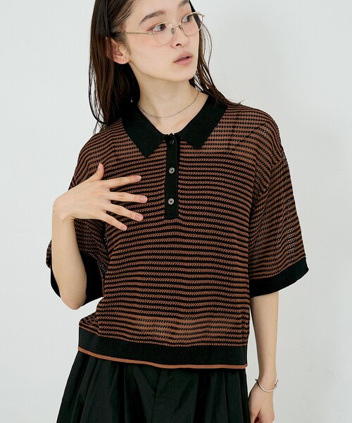 NOMINE(ノミネ)の「メッシュ ポロニット(ニット/セーター・レディース・パープル/ブラック/ブラウン/ライトグレー・フリー)」の1枚目の写真