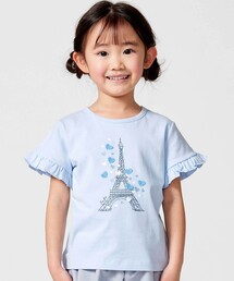 BeBe | 袖フリルエッフェル塔ハートモチーフ天竺半袖Tシャツ(Tシャツ/カットソー)
