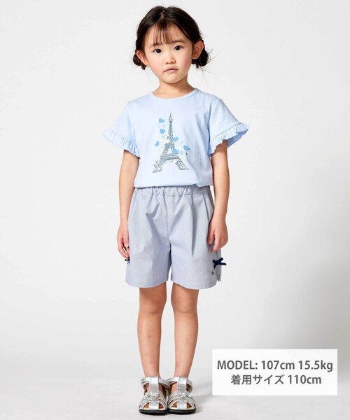BeBe（ベベ）の「袖フリルエッフェル塔ハートモチーフ天竺半袖Tシャツ（Tシャツ/カットソー・キッズ・ピンク/ブルー・120cm/150cm/140cm/130cm/110cm）」の3枚目の写真
