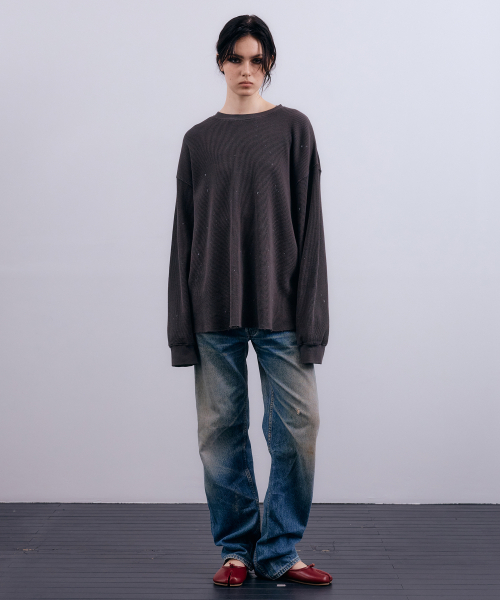 NUAKLE（ヌアクル）の「(w) ミストペインティングワッフルTシャツ_ダークカーキ（Tシャツ/カットソー・レディース・その他・1/2）」の4枚目の写真