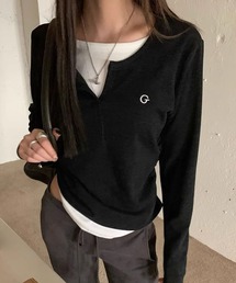 キーネック 配色 フェイクレイヤード 長袖 ブルオーバー