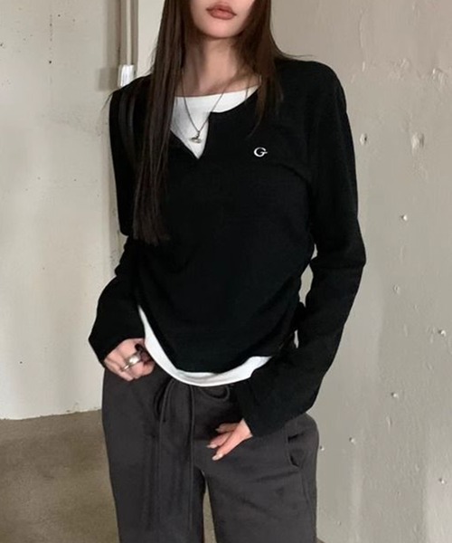 Lace Ladies（レースレディース）の「キーネック 配色 フェイクレイヤード 長袖 ブルオーバー（Tシャツ/カットソー・レディース・ブラック/グレー・M/XL）」の4枚目の写真