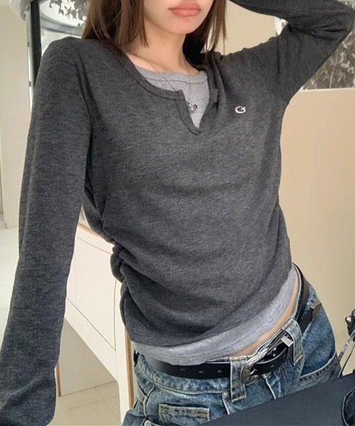 Lace Ladies（レースレディース）の「キーネック 配色 フェイクレイヤード 長袖 ブルオーバー（Tシャツ/カットソー・レディース・ブラック/グレー・M/XL）」の8枚目の写真