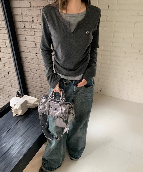 Lace Ladies（レースレディース）の「キーネック 配色 フェイクレイヤード 長袖 ブルオーバー（Tシャツ/カットソー・レディース・ブラック/グレー・M/XL）」の9枚目の写真