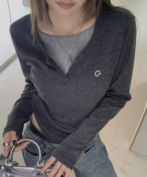 Lace Ladies（レースレディース）の「キーネック 配色 フェイクレイヤード 長袖 ブルオーバー（Tシャツ/カットソー・レディース・ブラック/グレー・M/XL）」の10枚目の写真
