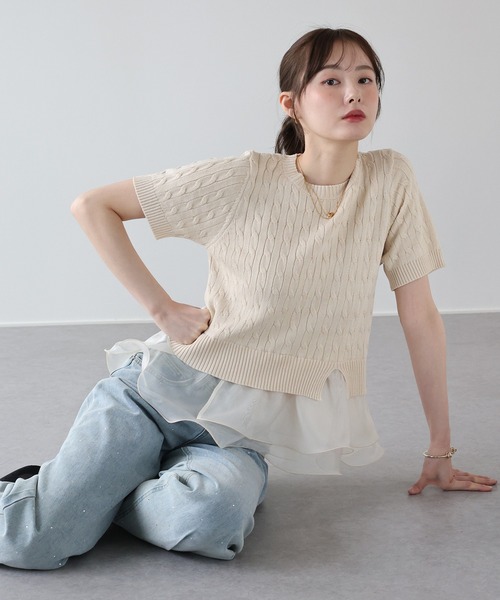 BLUEEAST(ブルーイースト)の「オーガンジーティアードドッキングニット(ニット/セーター・レディース・グレー/ブラック/アイボリー・MEDIUM)」の5枚目の写真