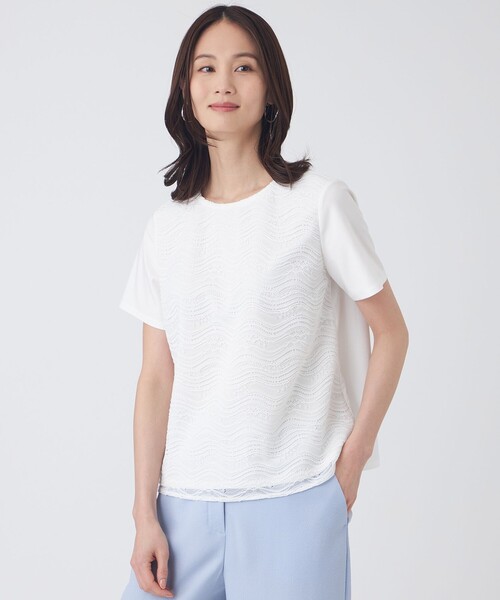 TRANS WORK(トランスワーク)の「【ウォッシャブル】ジョーゼットジャージカットソー(Tシャツ/カットソー・レディース・ネイビー/オフホワイト・40/38)」の1枚目の写真