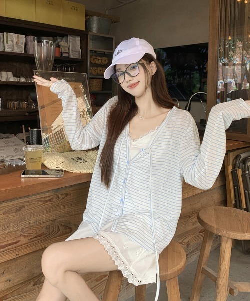 Ritzy(リッツィー)の「ボーダーシアーVネックカーディガン(カーディガン/ボレロ・レディース・ピンク/サックスブルー・M/L)」の20枚目の写真