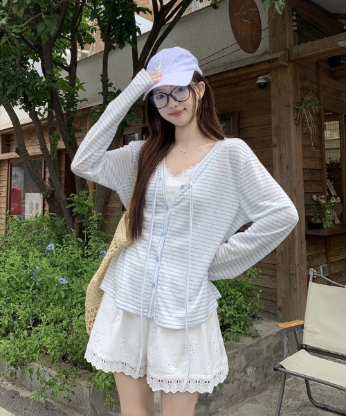 Ritzy(リッツィー)の「ボーダーシアーVネックカーディガン(カーディガン/ボレロ・レディース・ピンク/サックスブルー・M/L)」の19枚目の写真
