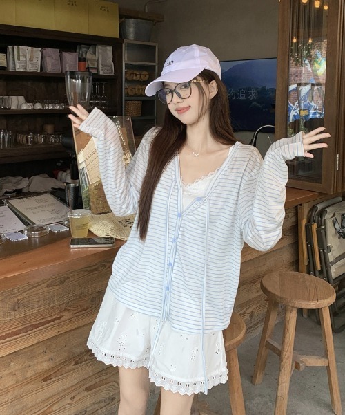 Ritzy(リッツィー)の「ボーダーシアーVネックカーディガン(カーディガン/ボレロ・レディース・ピンク/サックスブルー・M/L)」の7枚目の写真