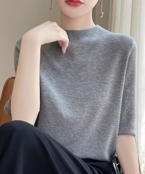 mielu(ミエル)の「ハイネック5分袖ニット(ニット/セーター・レディース・ブラック/ピンク/アイボリー/グレー・FREE)」の16枚目の写真