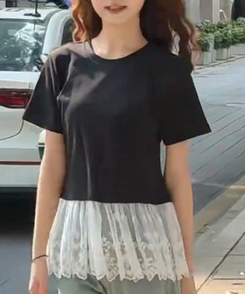 AMAJI(アマジ)の「レース 切替 半袖 Tシャツ トップス(Tシャツ/カットソー・レディース・ホワイト/ブラック・X-LARGE/LARGE/MEDIUM)」の2枚目の写真