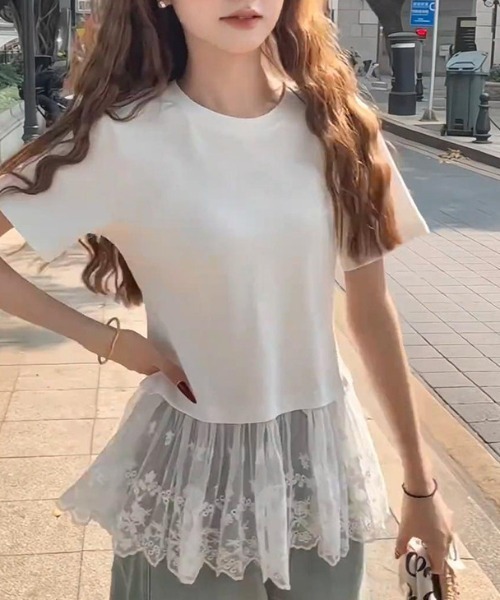 AMAJI(アマジ)の「レース 切替 半袖 Tシャツ トップス(Tシャツ/カットソー・レディース・ホワイト/ブラック・X-LARGE/LARGE/MEDIUM)」の4枚目の写真